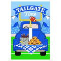 Decorative flag with an Illustration of a tailgate scene with a blue truck, food, and football-themed decor.