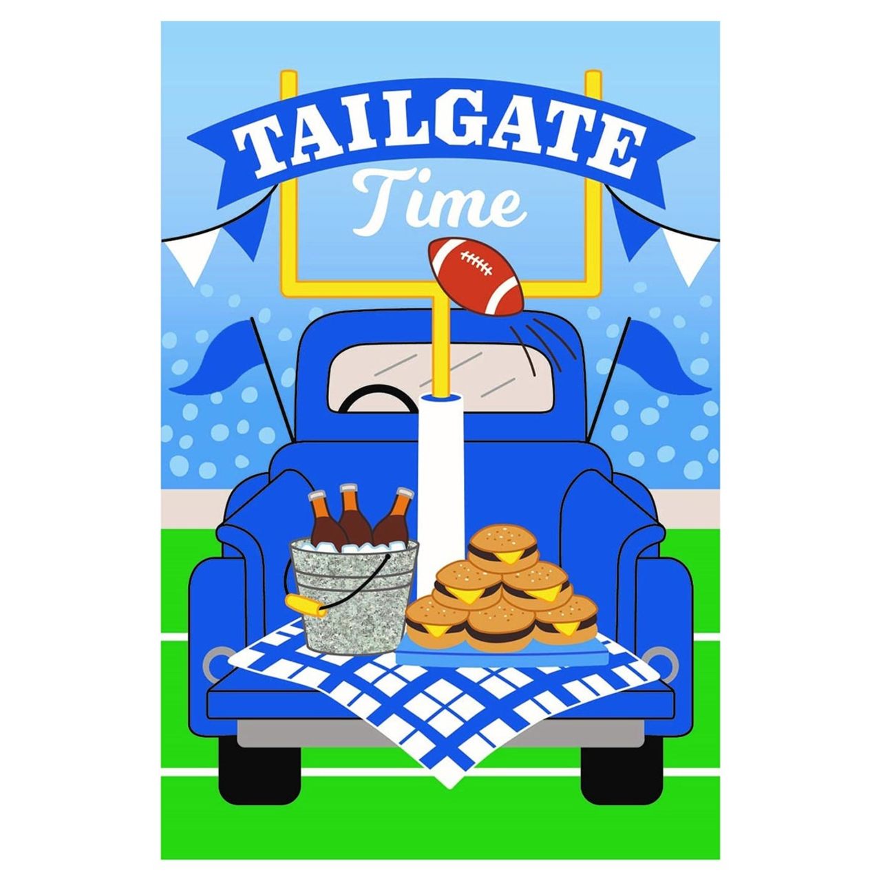 Decorative flag with an Illustration of a tailgate scene with a blue truck, food, and football-themed decor.