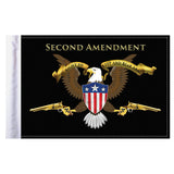 Flag with an eagle, American shield, and text about the Second Amendment on a black background.