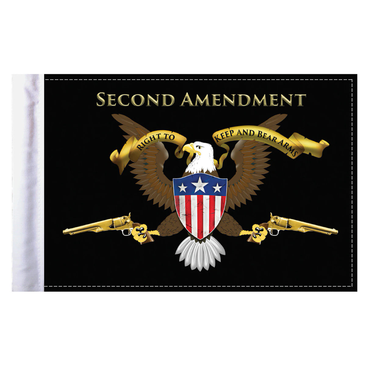 Flag with an eagle, American shield, and text about the Second Amendment on a black background.