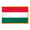 A Hungary flag with horizontal stripes of red, white, and green and yellow fringe