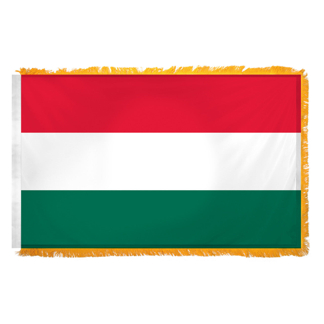 A Hungary flag with horizontal stripes of red, white, and green and yellow fringe