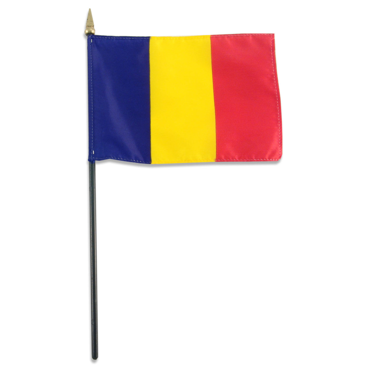 A Romania flag featuring vertical stripes in blue, yellow, and red.