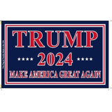 Political campaign banner with 'TRUMP 2024 MAKE AMERICA GREAT AGAIN' text on a blue background.