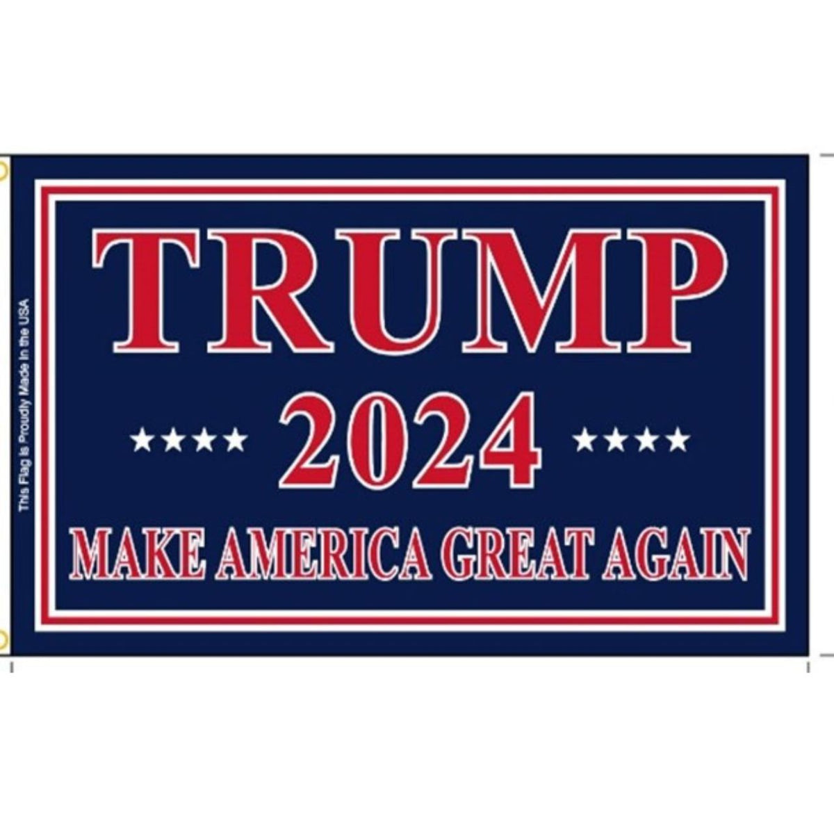 Political campaign banner with 'TRUMP 2024 MAKE AMERICA GREAT AGAIN' text on a blue background.