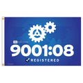 ISO 9001:2008 registered banner with gears on a blue background