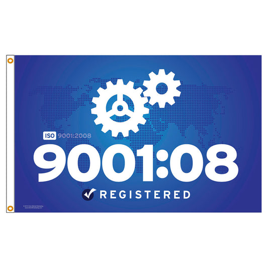 ISO 9001:2008 registered banner with gears on a blue background