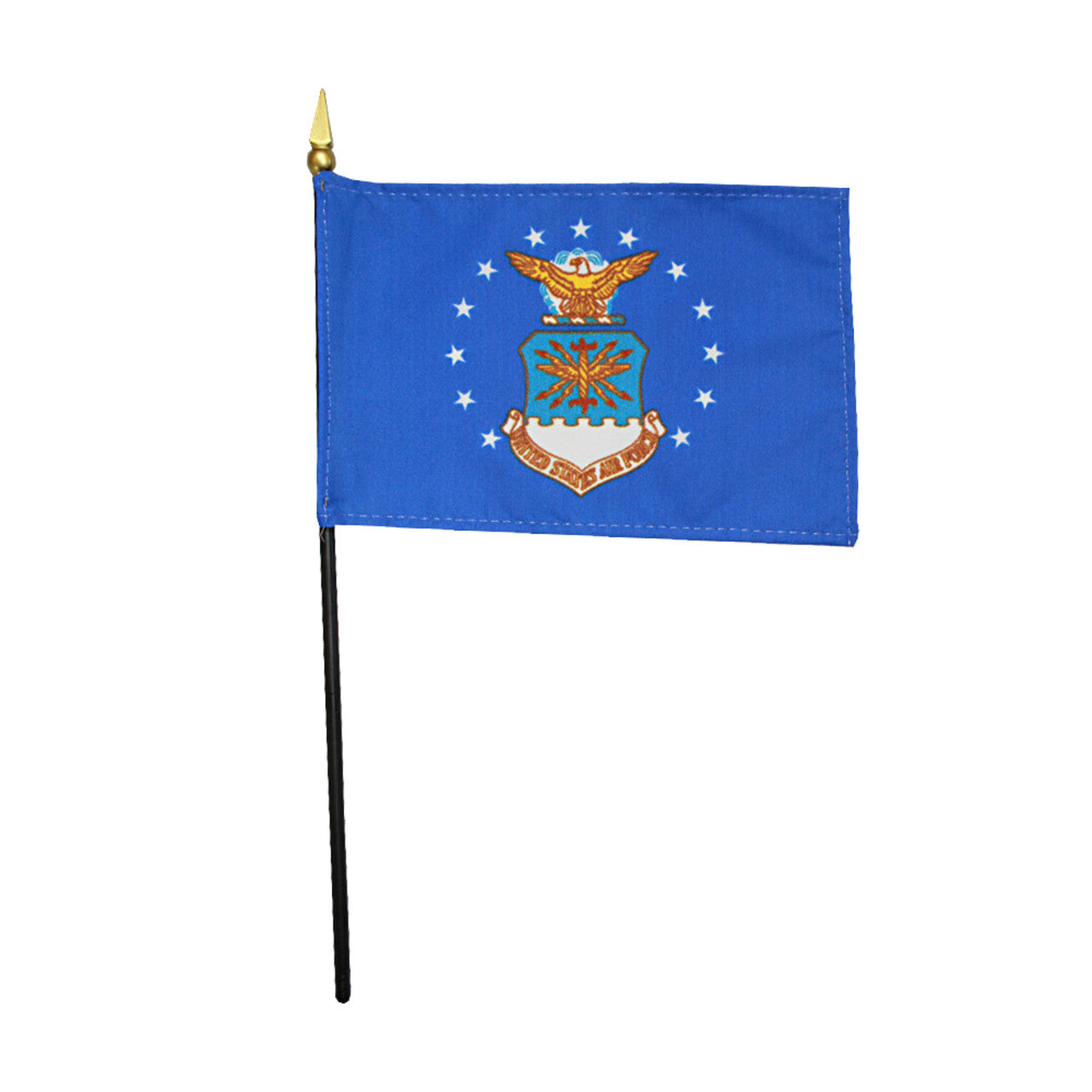 Blue flag with a central emblem featuring an eagle and stars on a white background