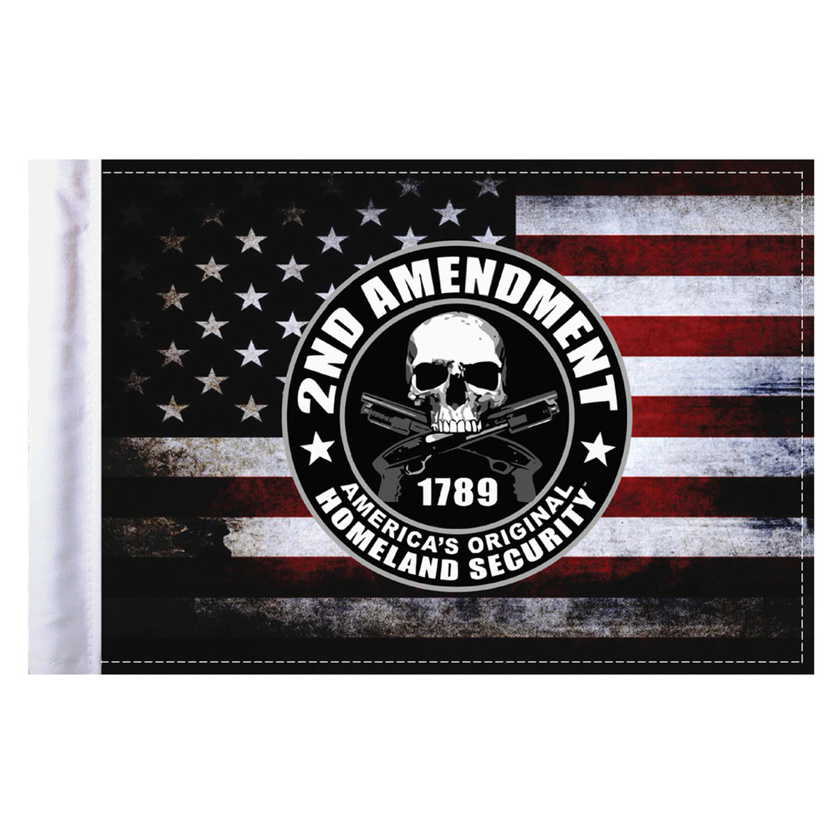 American flag with 2nd Amendment graphic featuring a skull and crossed rifles.