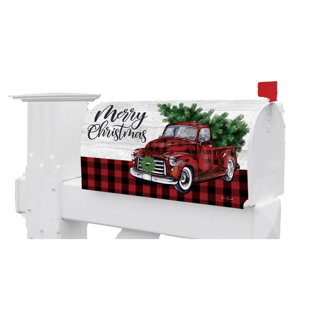 White mailbox with a Christmas design featuring a red truck and tree, and 'Merry Christmas' text.