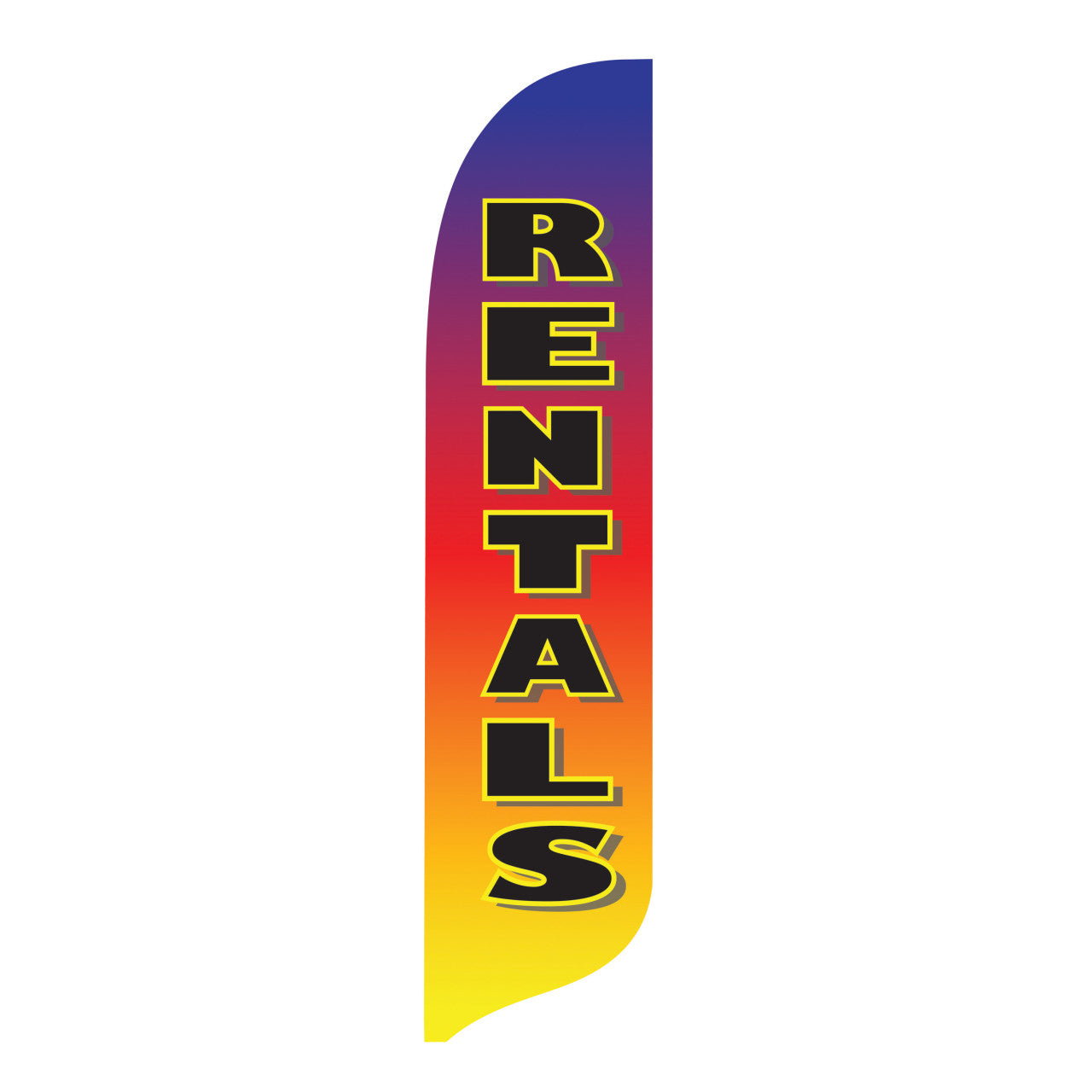 Colorful feather flag with 'RENTALS' text on a white background