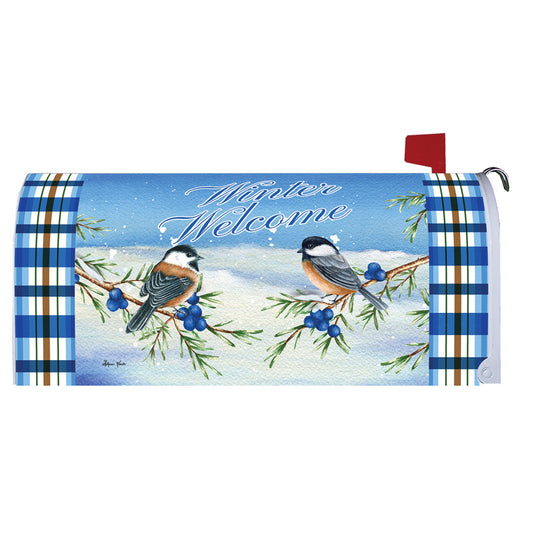 Decorative mailbox cover with winter scene featuring birds and plaid pattern