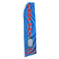 Blue feather flag with 'Propane Sold Here' text and a propane tank graphic on a white background