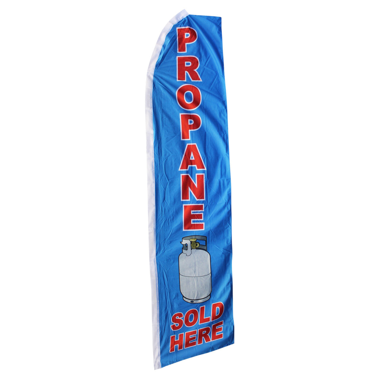Blue feather flag with 'Propane Sold Here' text and a propane tank graphic on a white background