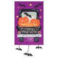 Halloween-themed decorative flag with pumpkins, bats, and 'Happy Halloween' text on a purple background.