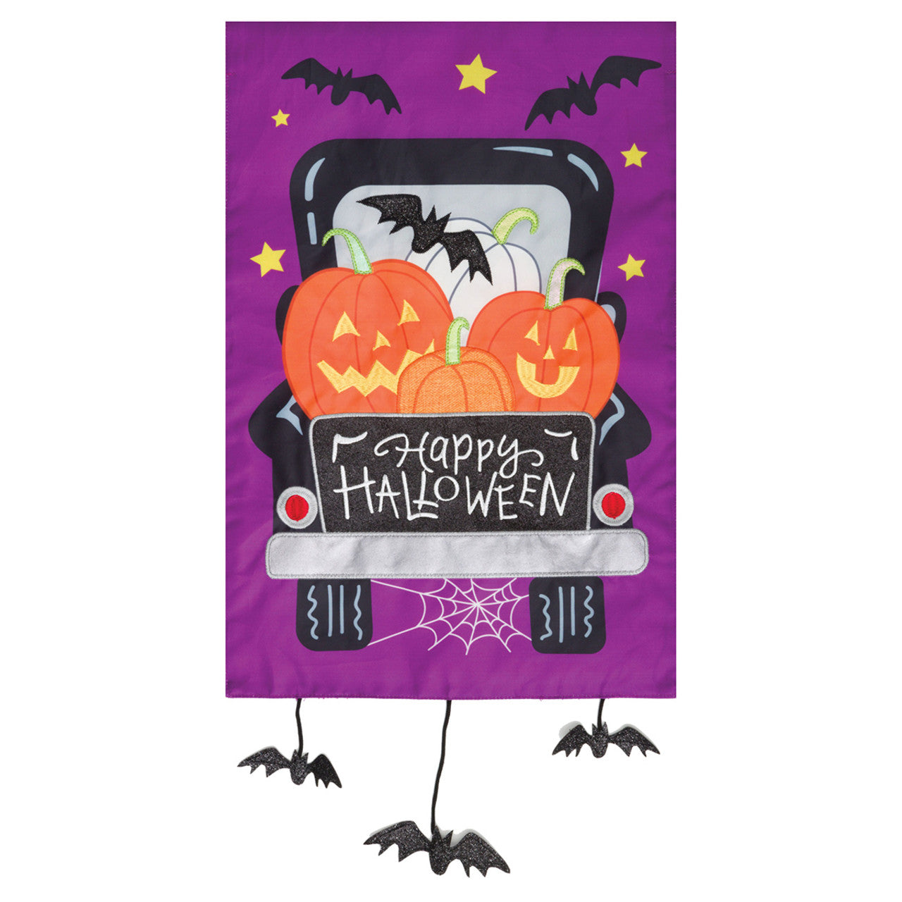 Halloween-themed decorative flag with pumpkins, bats, and 'Happy Halloween' text on a purple background.