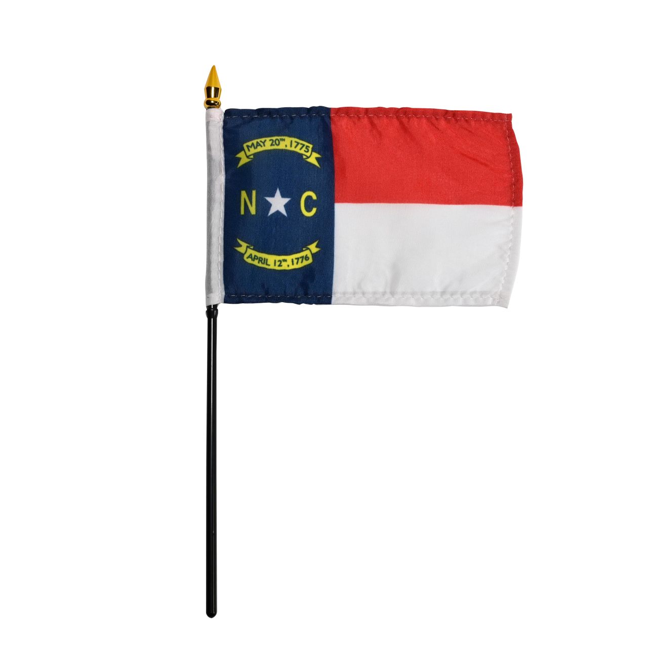 State of North Carolina stick flag featuring the blue, red, and white panels with the gold star, 'NC' initials, and historic dates.