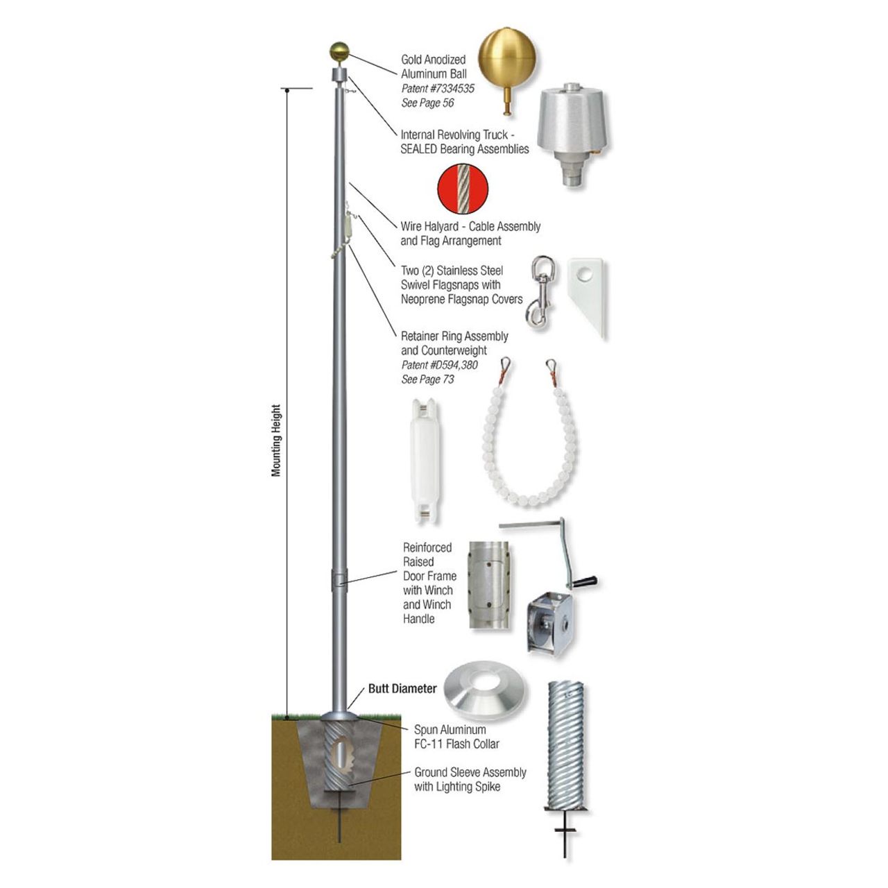 Sovereignty Series 20ft Commercial Flagpole - .156in Wall Thickness - 6in Butt Diameter