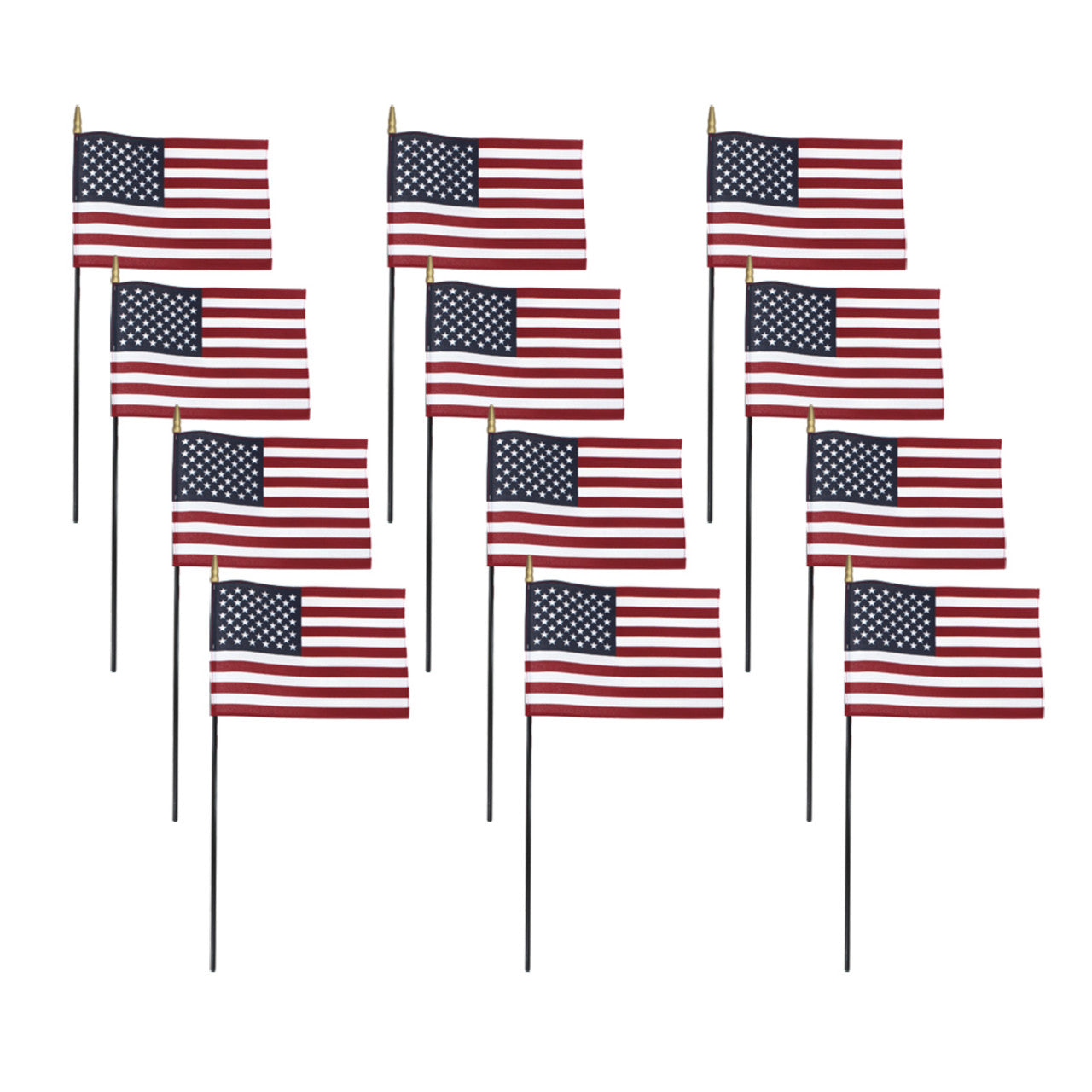 US Stick Flag 8x12in, Black Stick, Spear Tip - 12 Pack