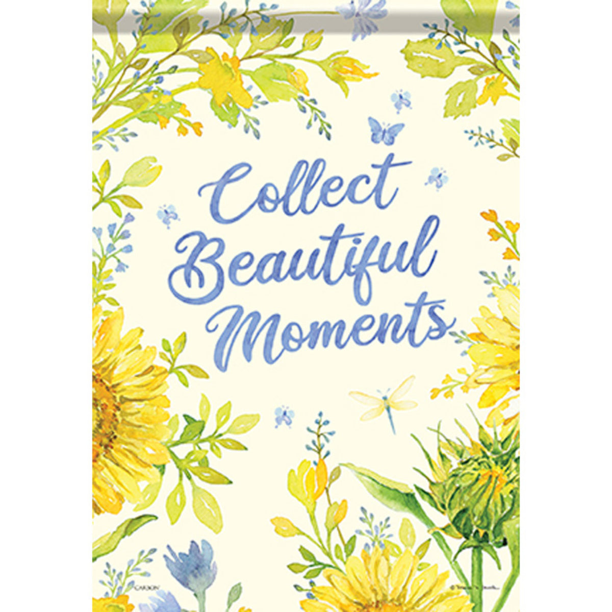 Decorative flag with a floral design with 'Collect Beautiful Moments' text on a white background
