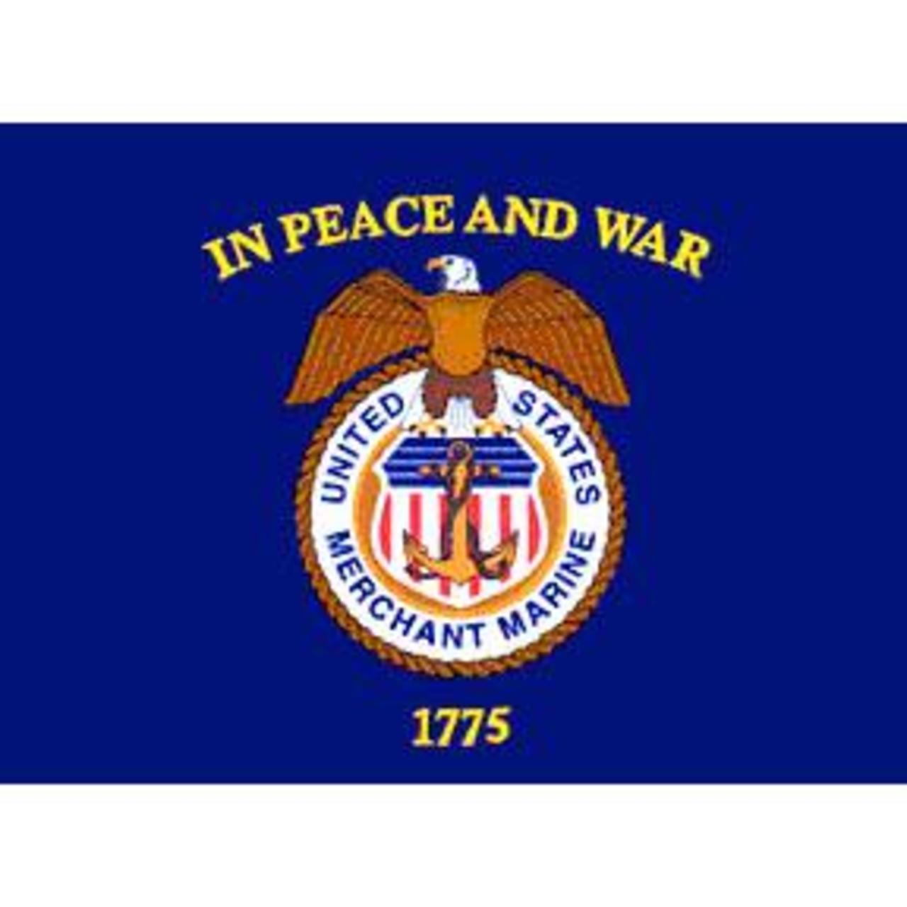 Flag with an eagle emblem and text 'United States Merchant Marine' on a blue background