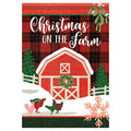 Decorative flag with a red barn, chickens, and Christmas elements on a plaid background.