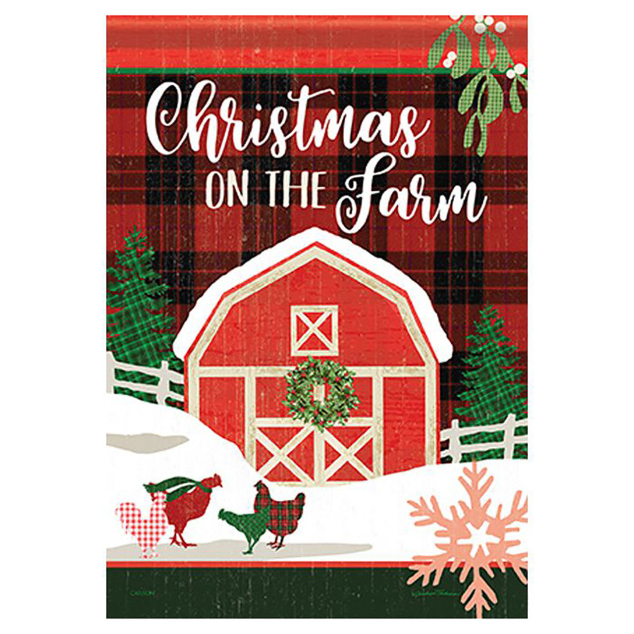 Decorative flag with a red barn, chickens, and Christmas elements on a plaid background.