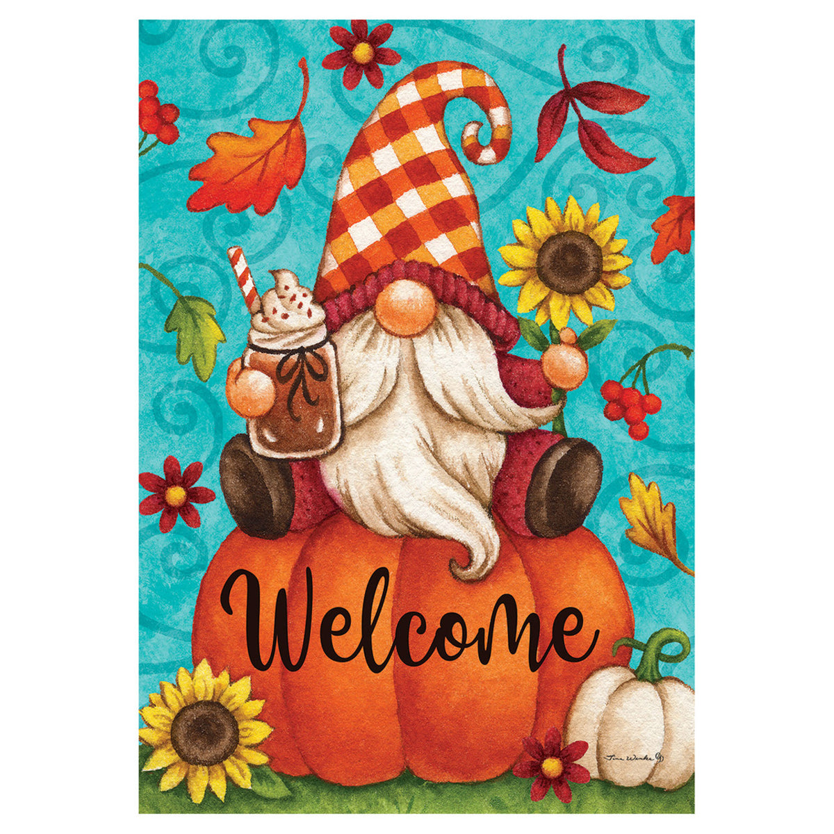 Decorative flag with a gnome on a pumpkin, sunflowers, and leaves against a blue background.