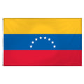 Flag of Venezuela with yellow, blue, and red horizontal stripes.  White stars in the formation of half circle in are the center.