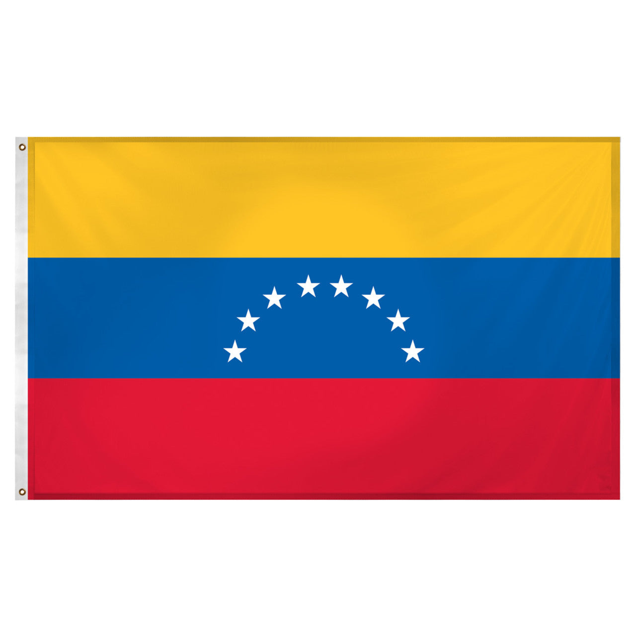 Flag of Venezuela with yellow, blue, and red horizontal stripes.  White stars in the formation of half circle in are the center.