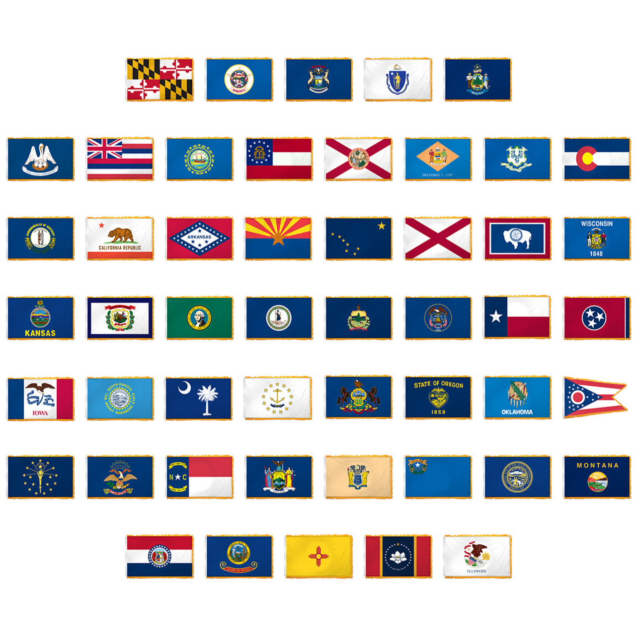 Set of 50 State Flags 3x5ft with Indoor Pole Hem and Fringe