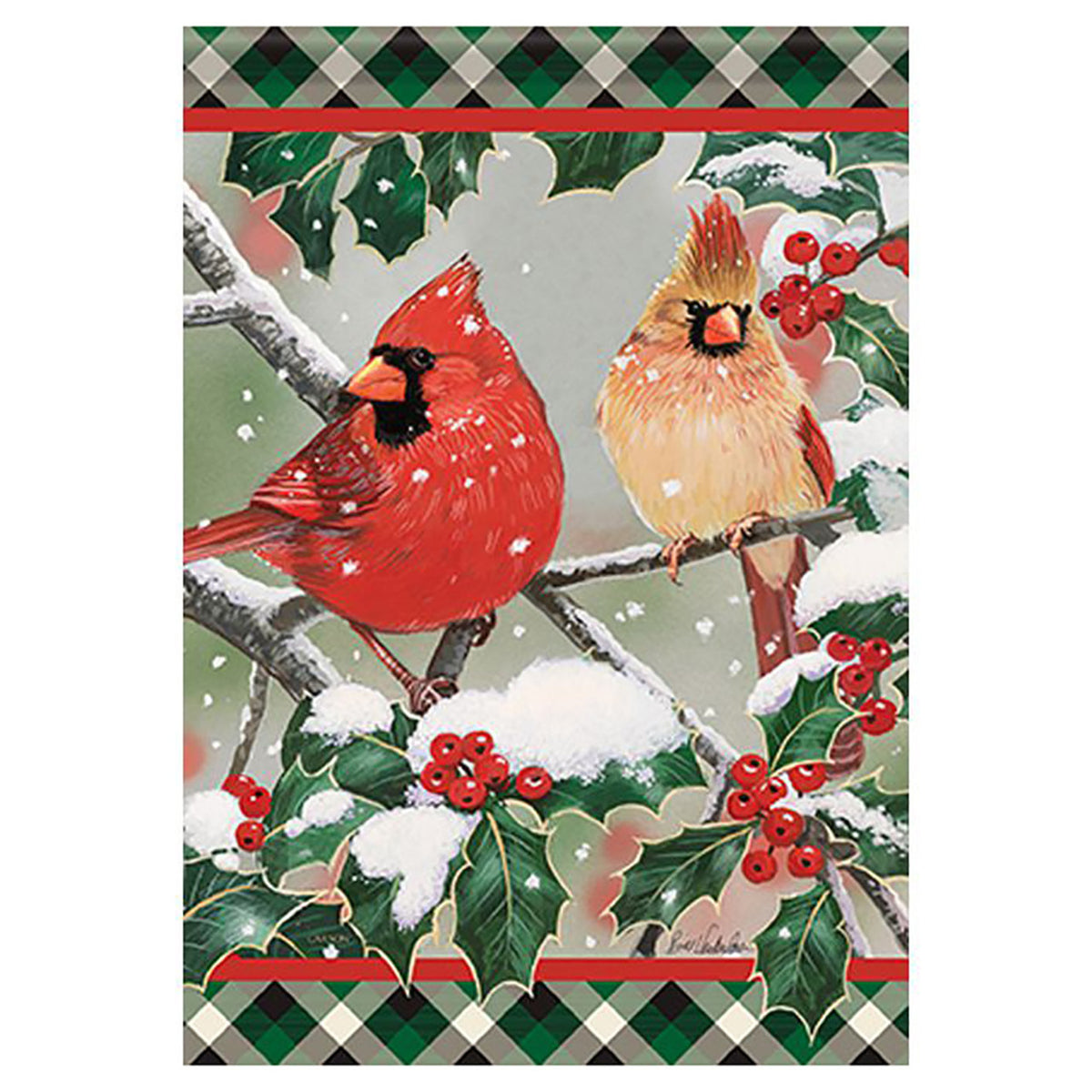 Decorative flag with two cardinals on a branch surrounded by holly leaves and berries.