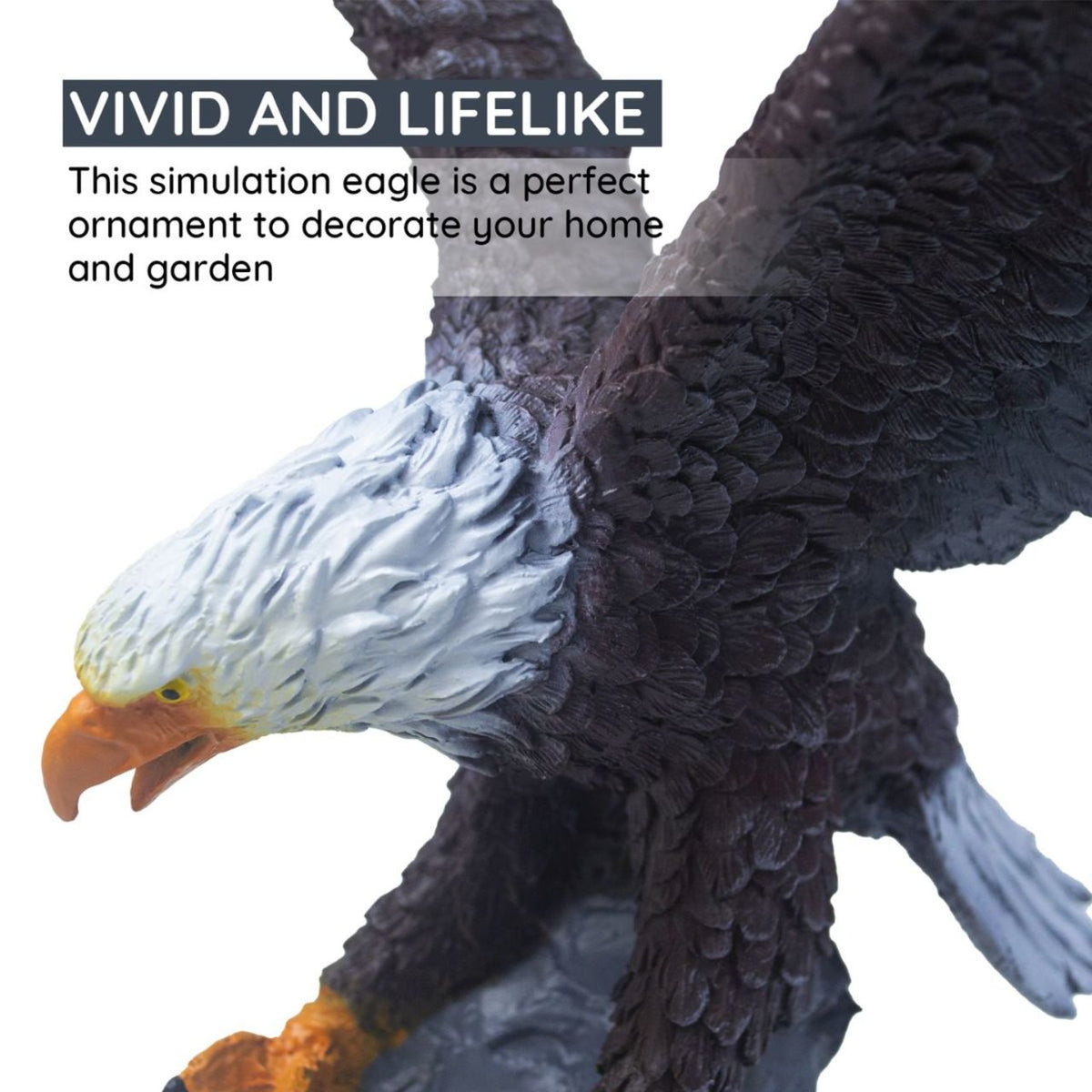 Close-up of a lifelike bald eagle statue with text overlay reading “Vivid and Lifelike” and a home-and-garden decoration description.