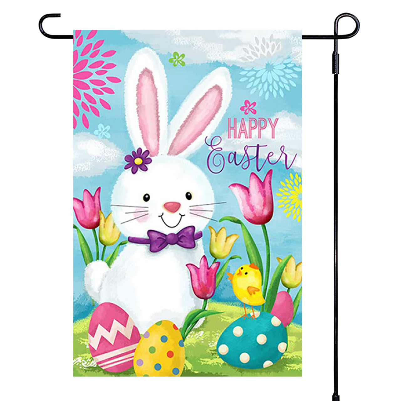 Easter-themed garden flag with a bunny, eggs, and flowers on a blue background.