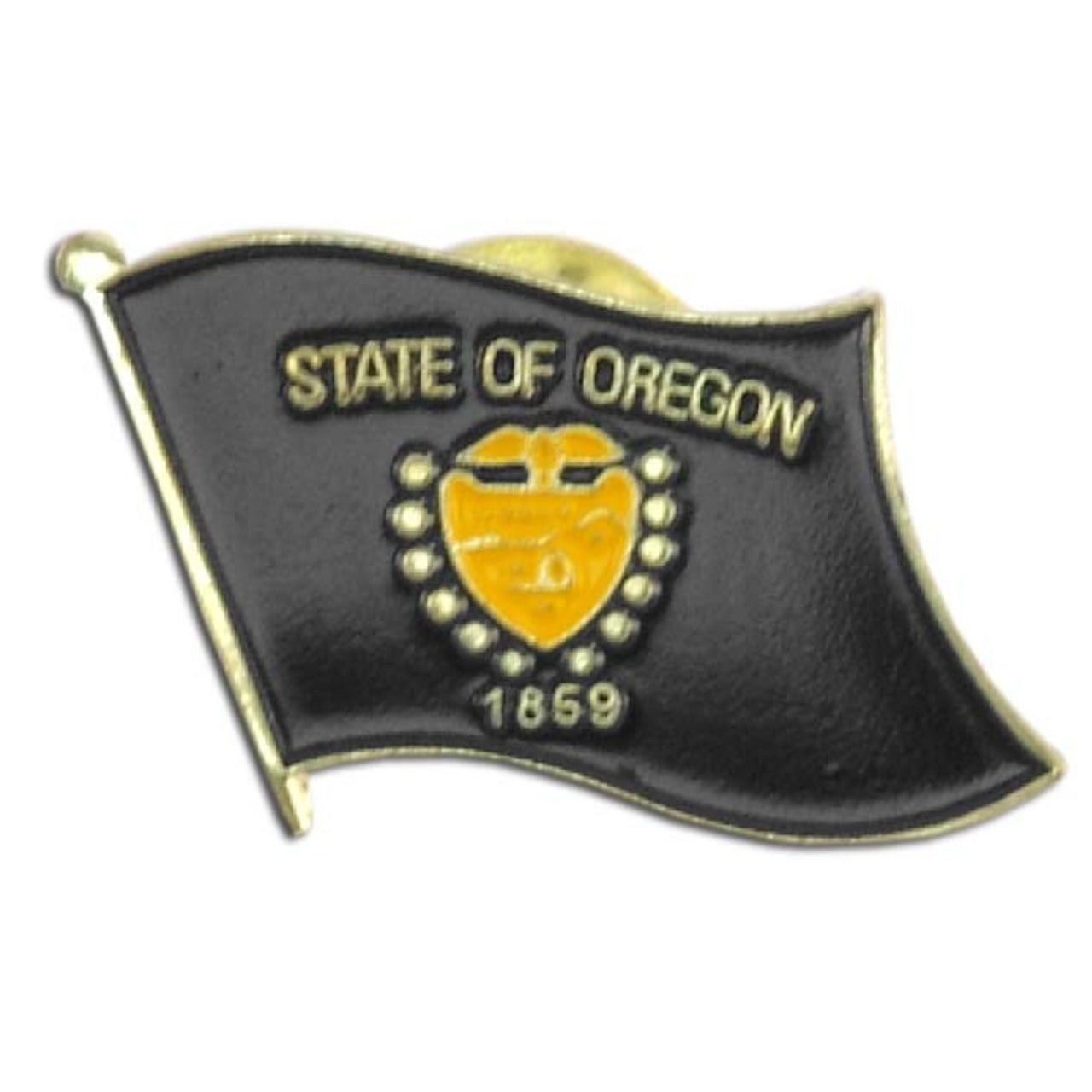 Pin with 'State of Oregon' text and a yellow emblem on a black background
