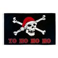 Pirate flag with skull and crossbones wearing a Santa hat and 'YO HO HO HO' text on a black background.