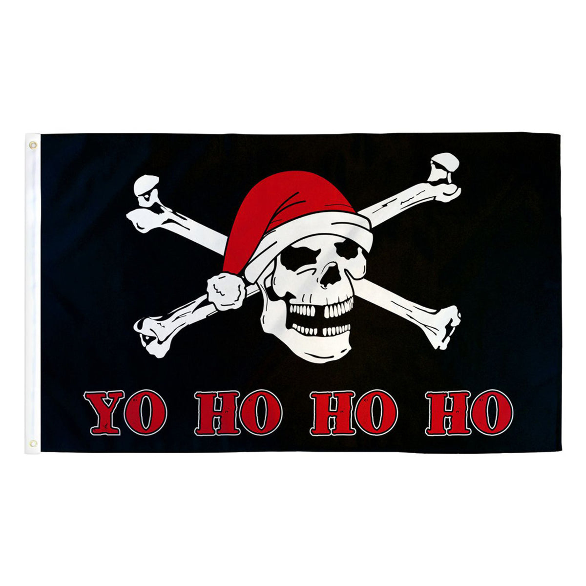 Pirate flag with skull and crossbones wearing a Santa hat and 'YO HO HO HO' text on a black background.