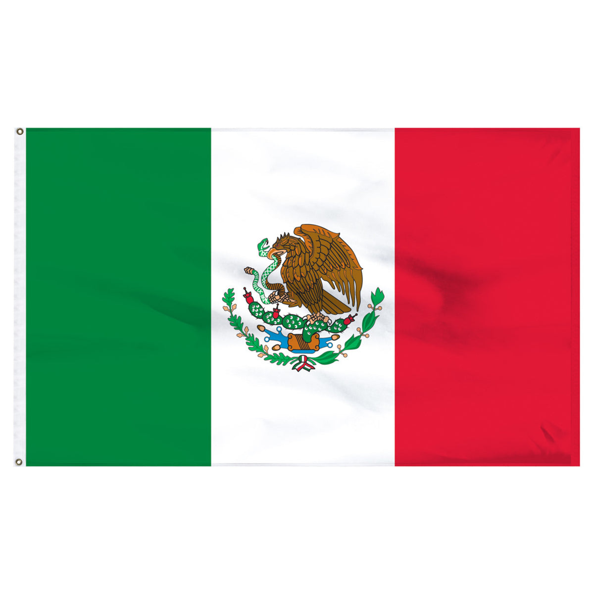 Flag of Mexico with green, white, and red colors and a central coat of arms featuring a bird.