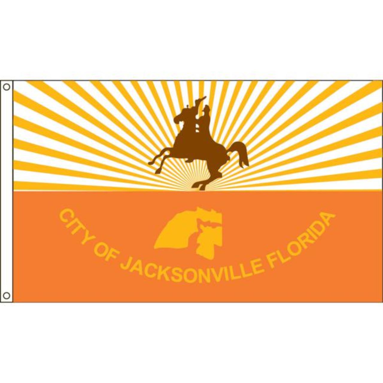 Flag of the City of Jacksonville, Florida with a sunburst design and horse rider silhouette.