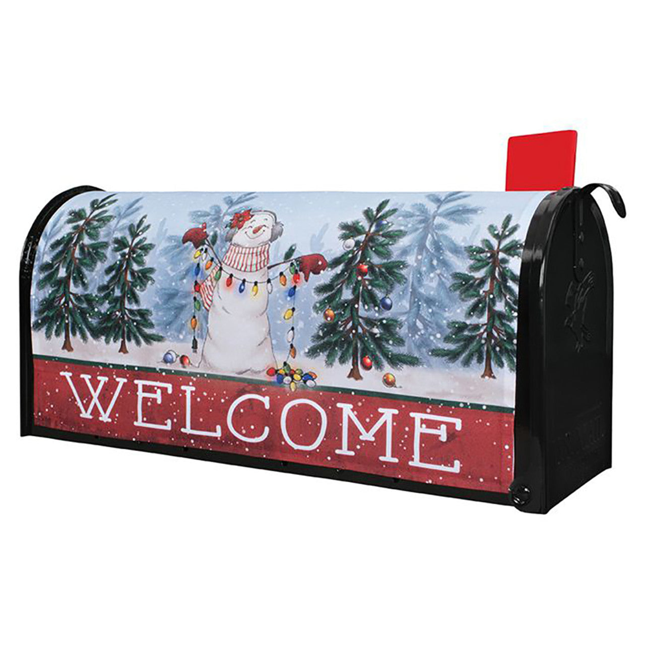 Christmas-themed mailbox cover with a snowman and trees design, featuring the word 'WELCOME'.