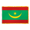 A 3ft x 5ft nylon flag of Mauritania with a red and green field, a yellow crescent and a star, two brass grommets, and a pole hem.