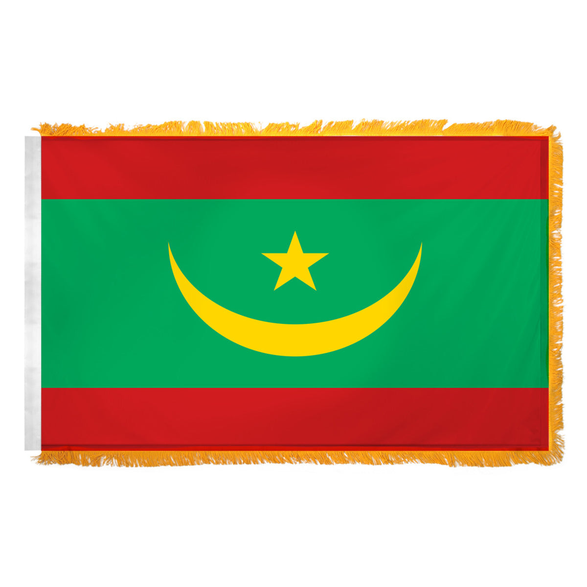 A 3ft x 5ft nylon flag of Mauritania with a red and green field, a yellow crescent and a star, two brass grommets, and a pole hem.
