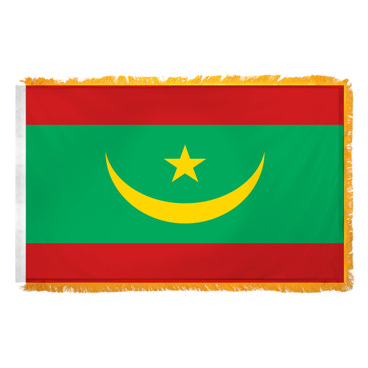 A 3ft x 5ft nylon flag of Mauritania with a red and green field, a yellow crescent and a star, two brass grommets, and a pole hem.
