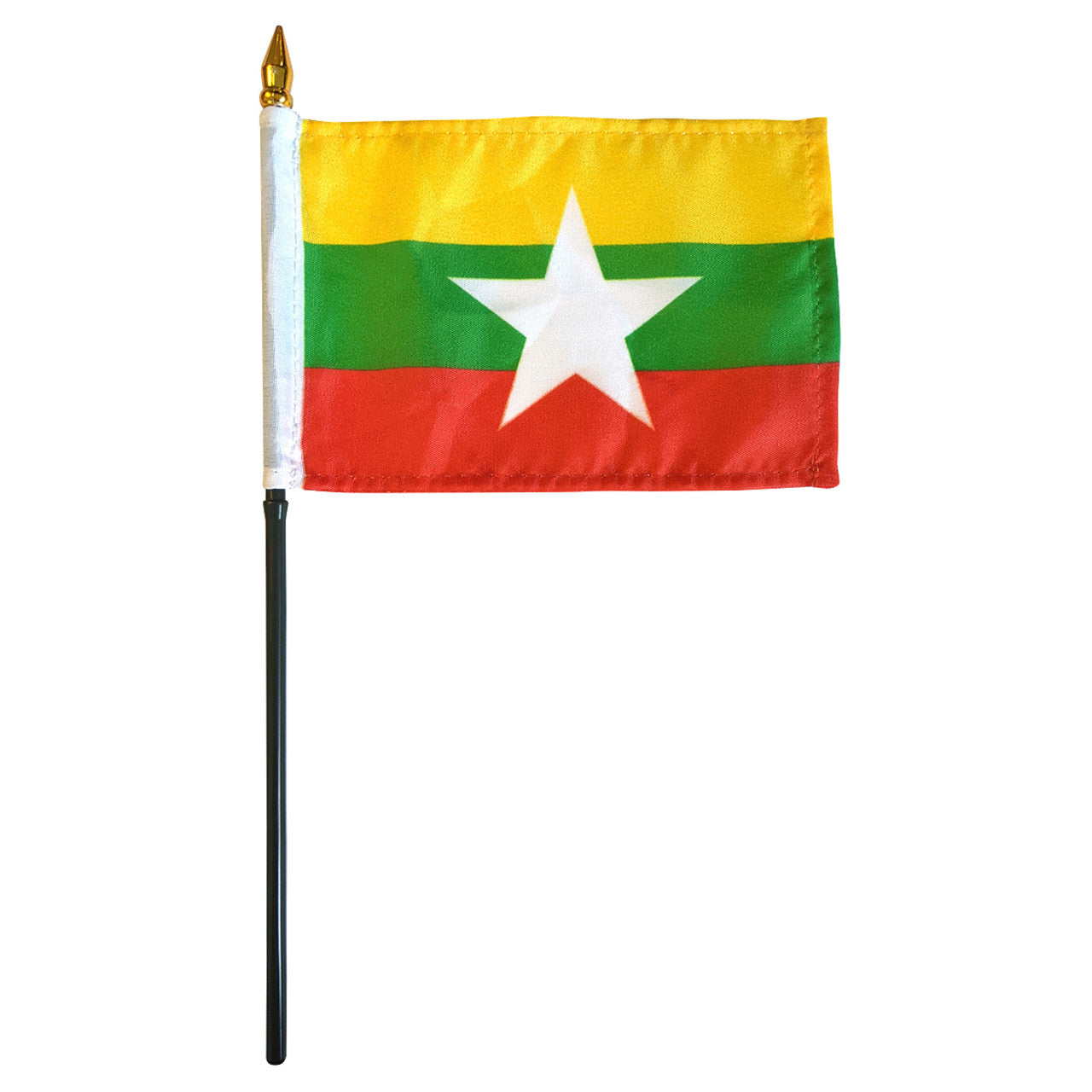 Flag of Myanmar with a white star on a yellow, green, and red background