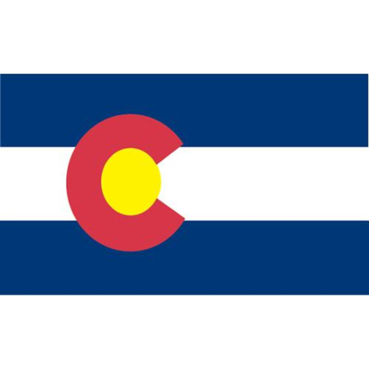 State of Colorado flag featuring the iconic blue and white horizontal stripes with the red 'C' and golden yellow disk design.