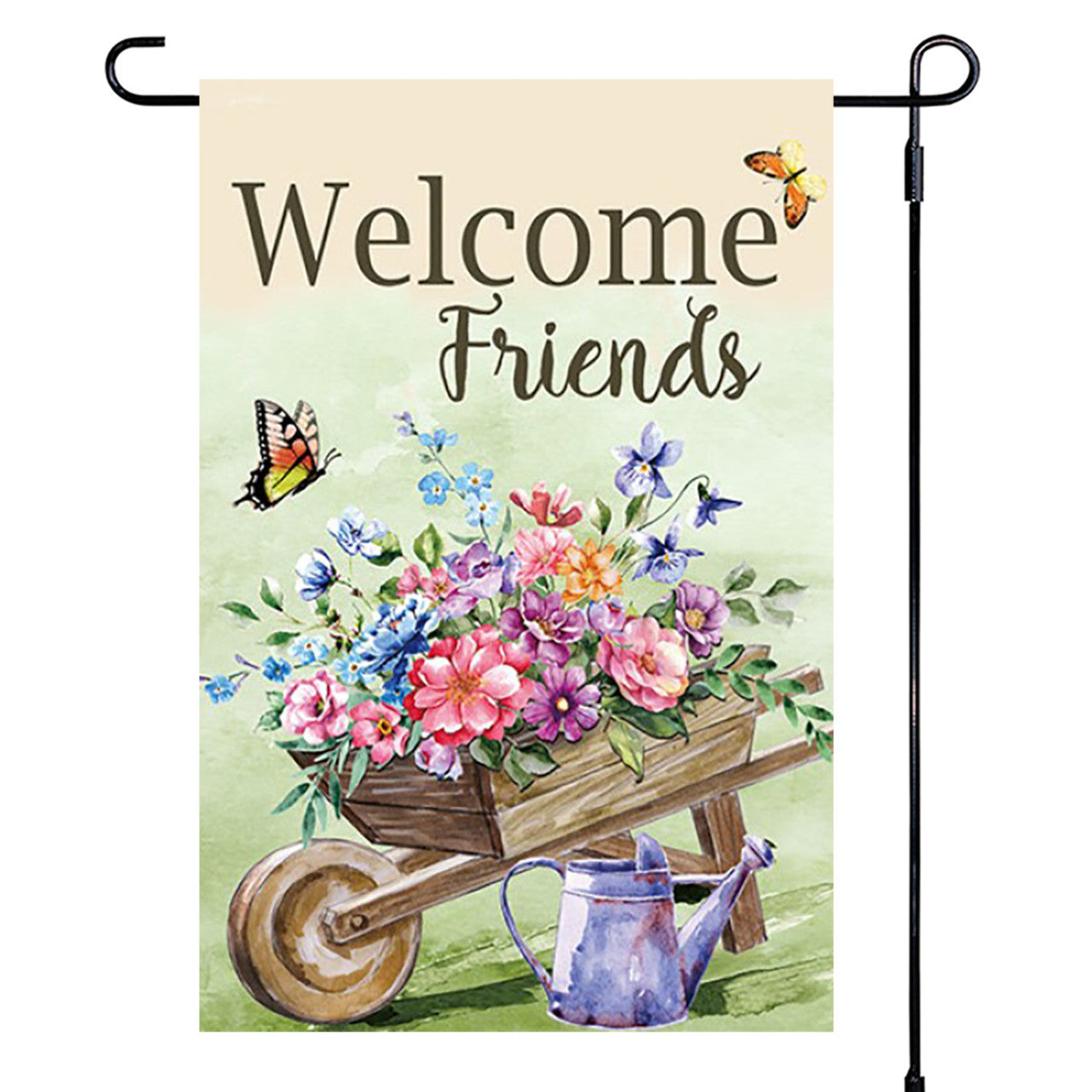 Garden flag with 'Welcome Friends' text, flowers, wheelbarrow, and watering can on a light green background.