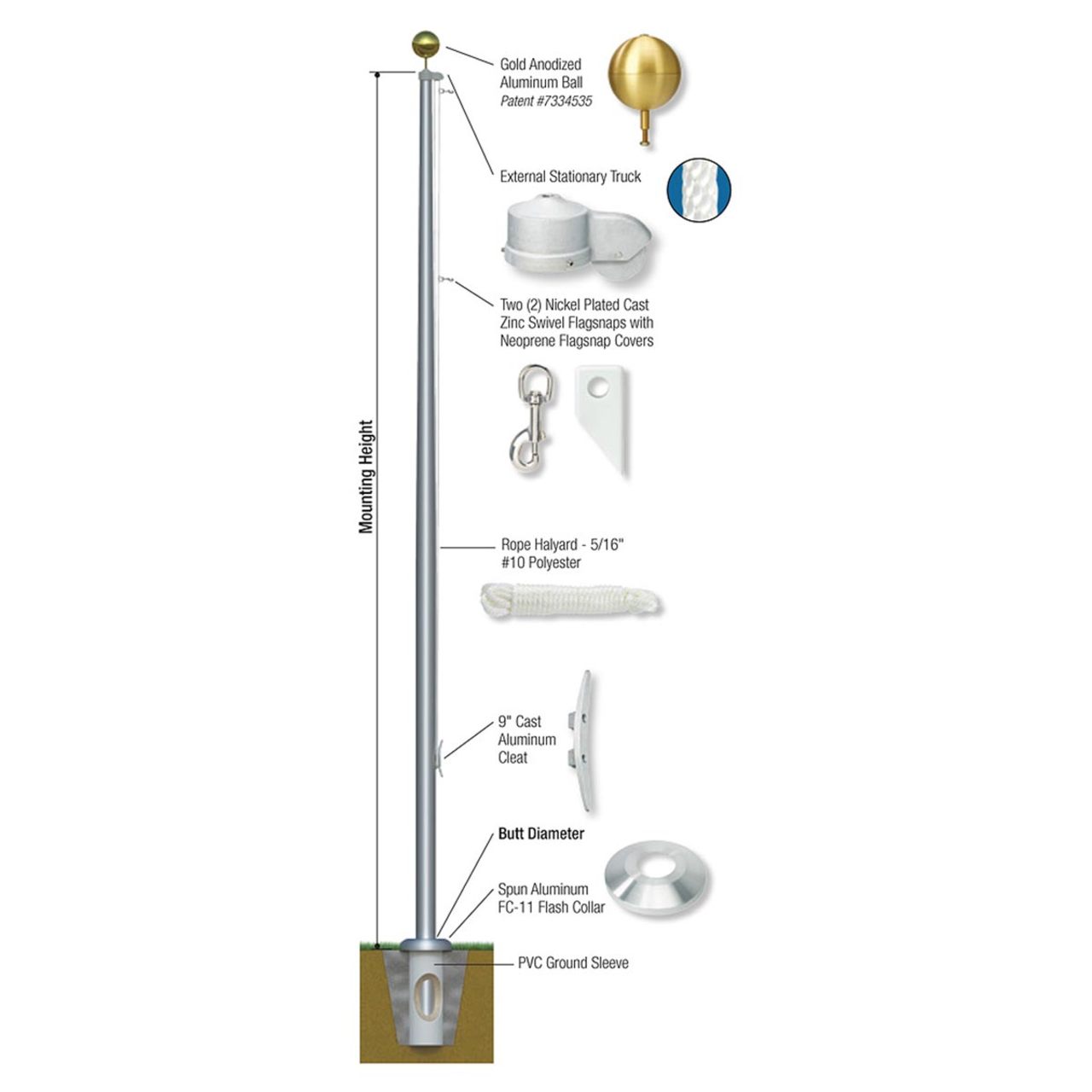 Estate Series 35ft Commercial Flagpole - .188in Wall Thickness - 5in Butt Diameter