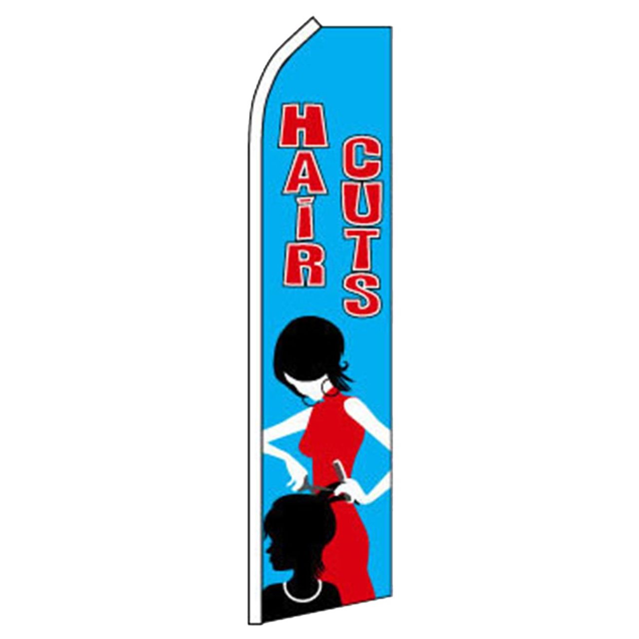 Swooper flag with 'Haircuts' text and silhouette of a woman in a red dress on a blue background.