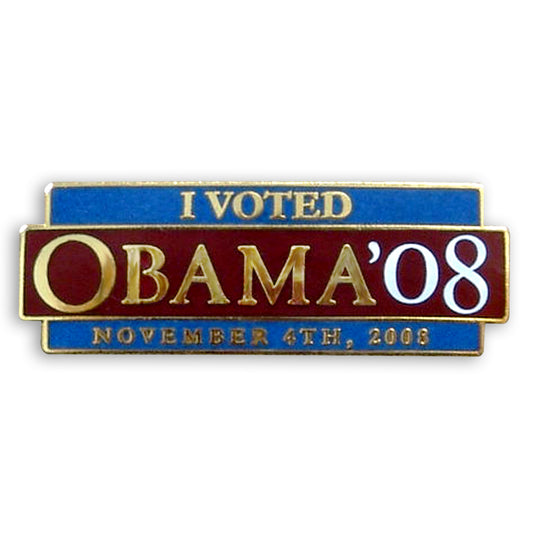 Pin with 'I Voted Obama '08' text on a white background