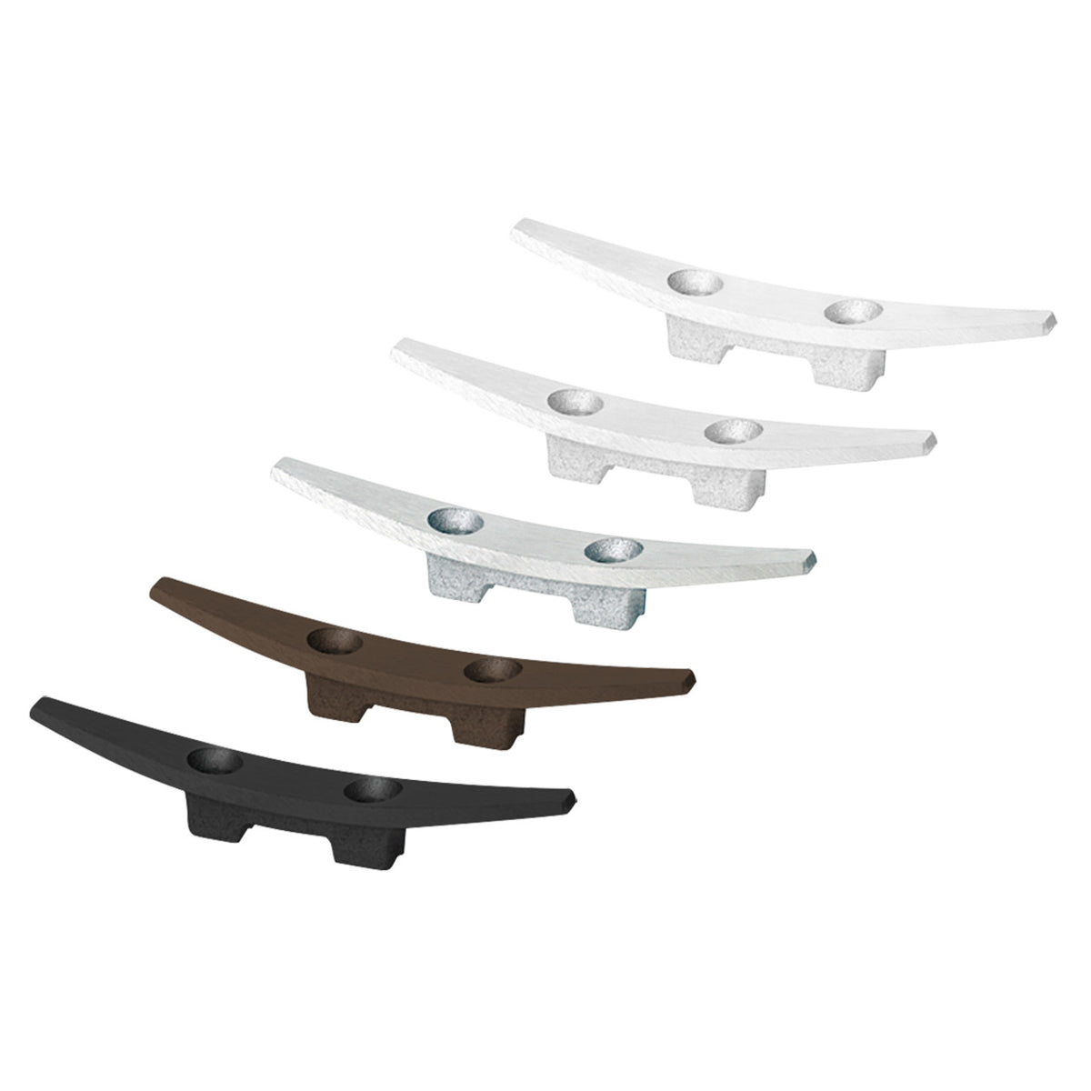 Set of five metal cleats in different colors on a white background